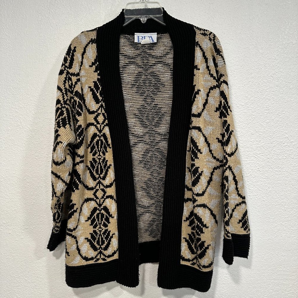 BFA Classics Open Front Sweater Black and Tan Warm Made in USA Womens Size Large